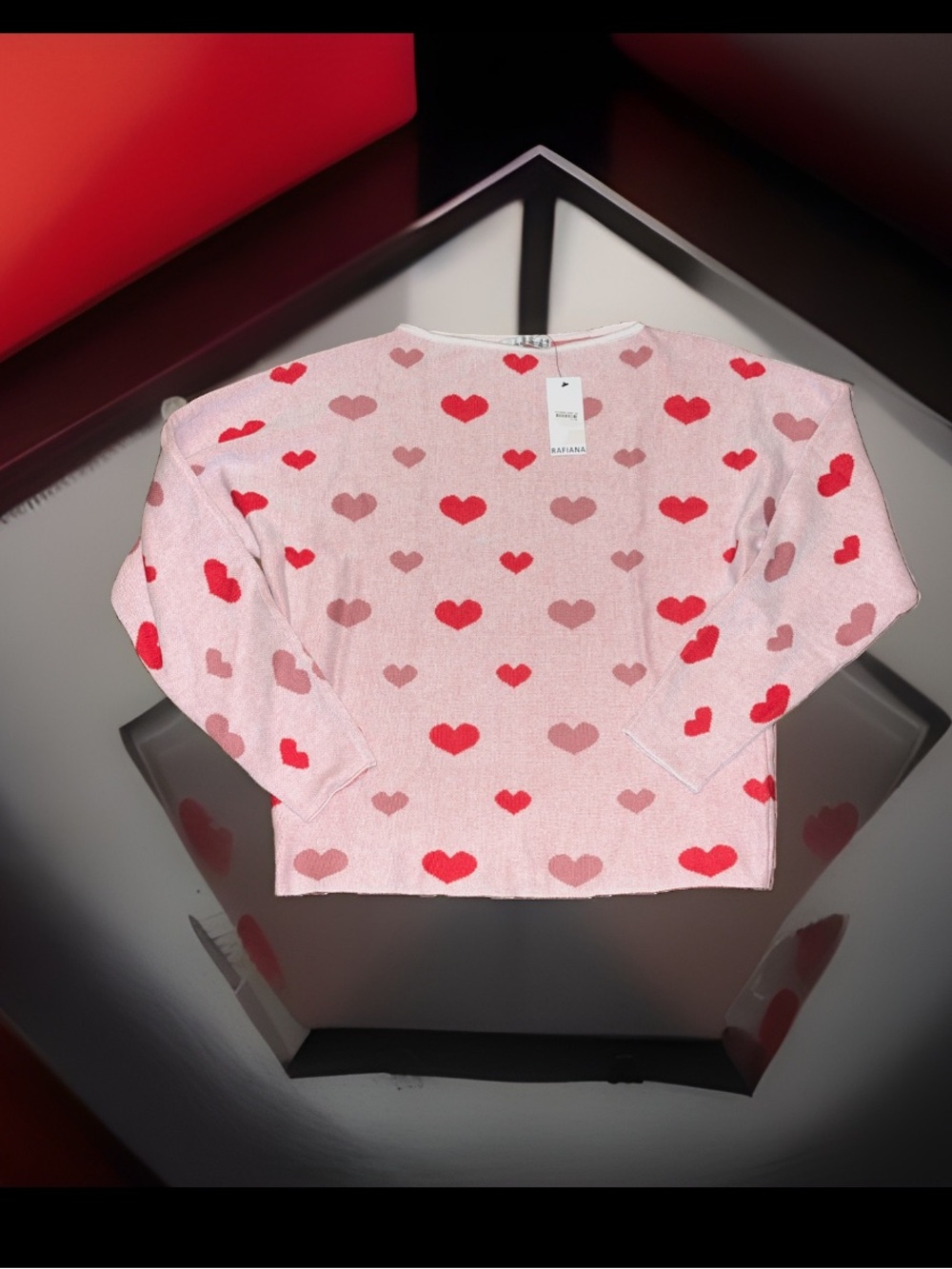 Rafiana Light Pink W/All Over Repeated Red & Muted Pink Heart Pattern Sweater